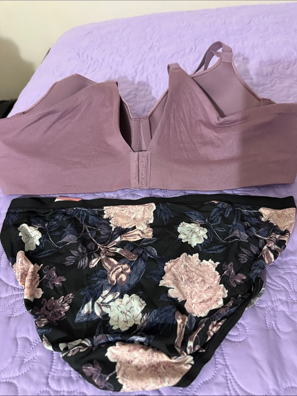 Cacique Mauve/Purple Padded Back SmotherBra with Black Floral Sheer Bikini Brief